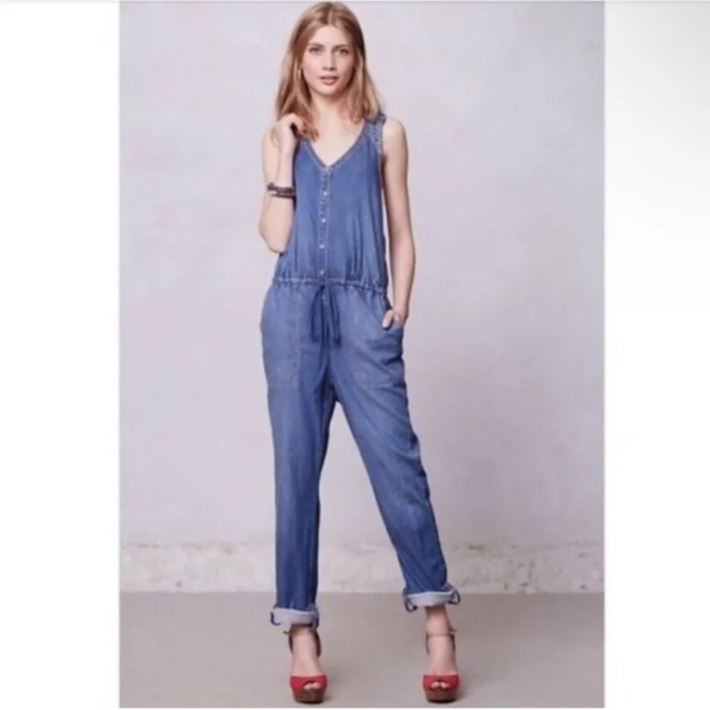 Anthropologie Holding Horses Chambray Eyelet Blue Denim Jumpsuit Pockets Size 14